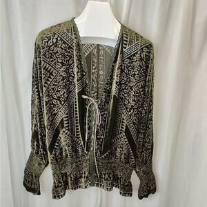 Jade Johnny Was Olive Green Rayon/Silk Velvet Burnout Boho Top, L